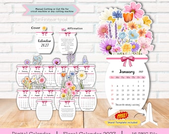 May include: A 2027 floral desk calendar set featuring twelve monthly pages, a cover, and an affirmation card. Each page is shaped like a jar with a pink bow, topped with colorful watercolor flower illustrations. Includes a stand template.