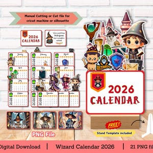 Puede incluir: Un calendario digital de 2026 con temática de mago, con una plantilla de soporte. El calendario presenta ilustraciones de magos, un gato y un castillo. El texto incluye "2026 CALENDAR" y "PNG File".