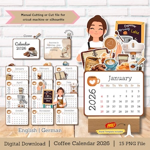 Calendario de café, calendario para amantes del café, calendario de escritorio, calendario 2026, mini calendario, calendario de archivo recortable