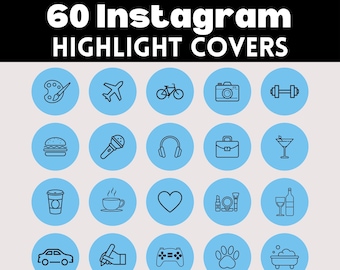 60 portadas destacadas de Instagram / Iconos de historias IG azules y negras / Botones destacados estéticos minimalistas / Iconos de historias IG / Kit de redes sociales