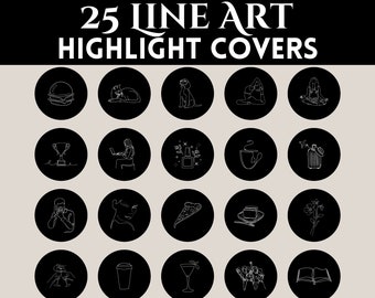 25 Black Line Art Instagram Highlight Covers | Black & White IG Story Icons | Minimalist Aesthetic Highlight Buttons | IG Story Covers