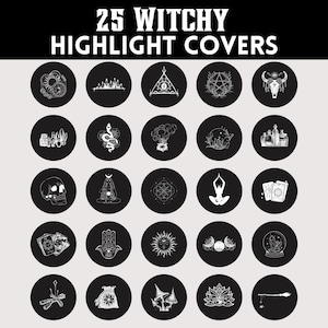 25 couvertures de surbrillance Instagram Witchy | Icônes d'histoire IG en noir et blanc | Boutons de surlignage esthétiques de sorcière gothique | Couvertures d'histoires d'identité de marque