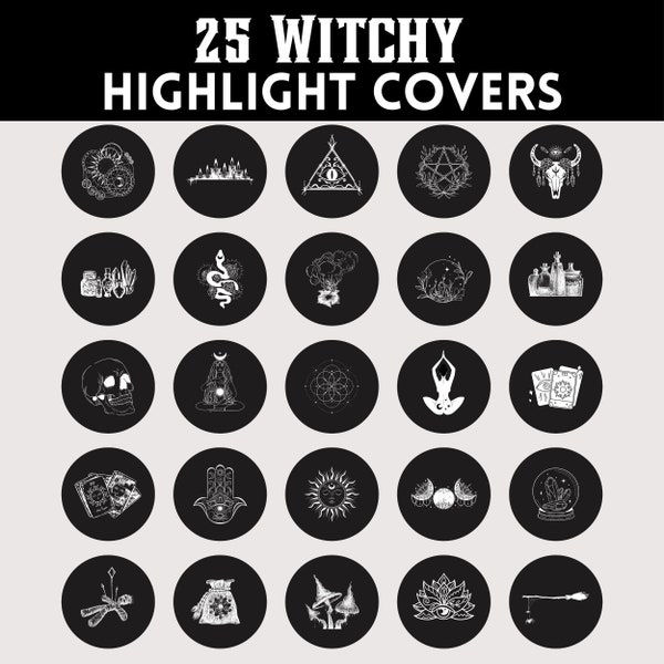 25 Witchy Instagram Highlight Covers | Black & White IG Story Icons | Gothic Witch Aesthetic Highlight Buttons | Brand Identity Story Covers