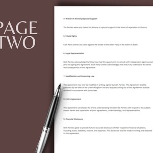 以下が含まれることがあります： 分離合意書の条件を概説した法的文書の2ページ目。この文書は、扶養手当/配偶者扶養の放棄、遺産相続権、法的代理人、修正と準拠法、完全合意、および財務開示などのトピックを扱っています。