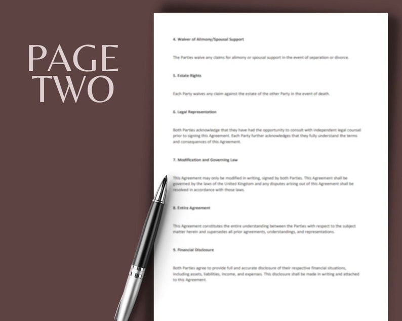以下が含まれることがあります： 分離合意書の条件を概説した法的文書の2ページ目。この文書は、扶養手当/配偶者扶養の放棄、遺産相続権、法的代理人、修正と準拠法、完全合意、および財務開示などのトピックを扱っています。