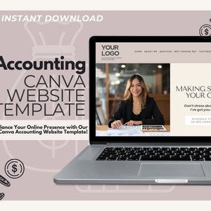 May include: A laptop computer displaying a website template for an accounting business. The website has a light brown background with black text. The text on the website reads "Making Sense of Your Cents" and "Don't stress about numbers. I've got you covered." The website also has a button that says "Schedule Your Free 30-Min Consultation". The laptop is on a white surface. The image also includes a drawing of a money bag with dollar signs.