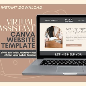 Può includere: Lo schermo di un laptop che mostra un modello di sito web per assistenti virtuali. Il modello è progettato in Canva e presenta uno sfondo beige con il testo "Modello di sito web Canva per assistente virtuale". Il sito web ha un'intestazione con il testo "Anya B. Assistente virtuale" e un pulsante di invito all'azione che dice "Scopri di più".