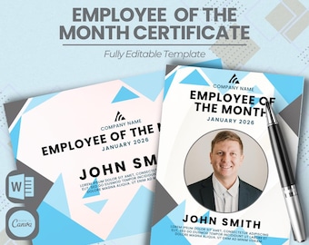 May include: Two "Employee of the Month" certificates with a geometric design in blue, white, and gray. The certificates include the text "Employee of the Month," the month and year, and a space for a name and photo. A pen rests on the certificates.