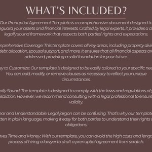 以下が含まれることがあります： 婚前契約書テンプレートを使用することの利点を説明したテキスト文書。この文書は、包括的なカバレッジ、簡単なカスタマイズ、法的有効性、明瞭さ、時間とお金の節約などの機能を強調しています。