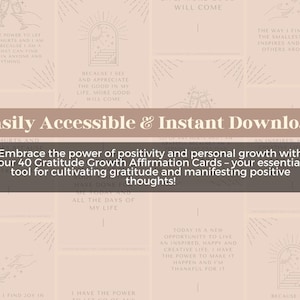Op de afbeelding: Een digitale download van 40 printbare dankbaarheids-affirmatiecards. De kaarten hebben een lichtroze achtergrond met verschillende illustraties en tekst. De tekst op de kaarten bevat zinnen als "Ik heb de kracht om alle pijn los te laten en ik ben dankbaar, want ik ben de persoon die het goede in iedereen en alles kan vinden." en "Vandaag is een nieuwe kans om een ge&iuml;nspireerd, gelukkig en creatief leven te leiden. Ik heb de kracht om het te laten gebeuren en ik ben dankbaar ervoor."