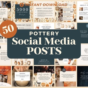 Puede incluir: Un collage de 50 publicaciones en redes sociales para empresas de cerámica. Las publicaciones presentan ilustraciones de acuarela de cerámica, consejos para la cerámica e información sobre los diferentes tipos de arcilla. El texto "50 publicaciones en redes sociales para la cerámica" aparece en una fuente grande.