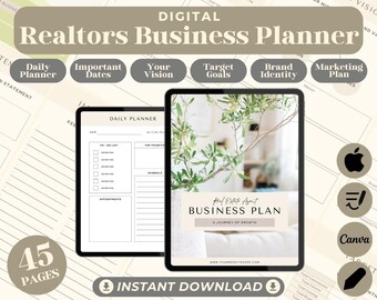 May include: A digital planner for real estate agents with a beige and brown colour scheme. The planner includes sections for daily planning, important dates, vision, target goals, brand identity, and marketing plan. The cover features a photo of a plant in a white pot with a text overlay that reads "Real Estate Agent Business Plan A Journey of Growth".