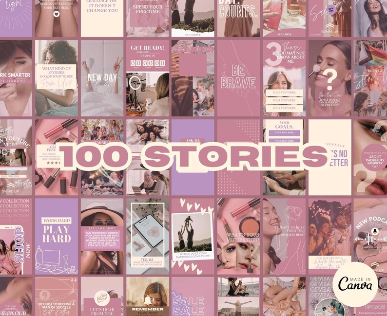May include: A collage of 100 Instagram story templates in pink and purple tones. The templates feature various text overlays, graphics, and images. The text "100 STORIES" is prominently displayed in the center of the collage.