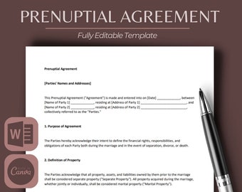 Acuerdo prenupcial / Documento legal Contrato vinculante certificado por abogado / Ahorre dinero en honorarios legales Descarga instantánea imprimible Edición fácil
