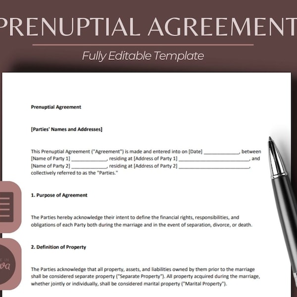 Contrat prénuptial | Document juridique Contrat contraignant certifié par un avocat | Économisez de l'argent sur les frais juridiques Téléchargement imprimable instantané Modification facile