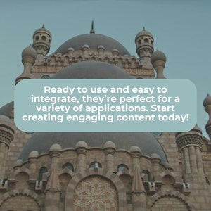 May include: A close-up view of a mosque with multiple domes and minarets. The mosque is made of stone and has a light brown color. The sky is blue and there is a text overlay that reads: "Ready to use and easy to integrate, they're perfect for a variety of applications. Start creating engaging content today!"
