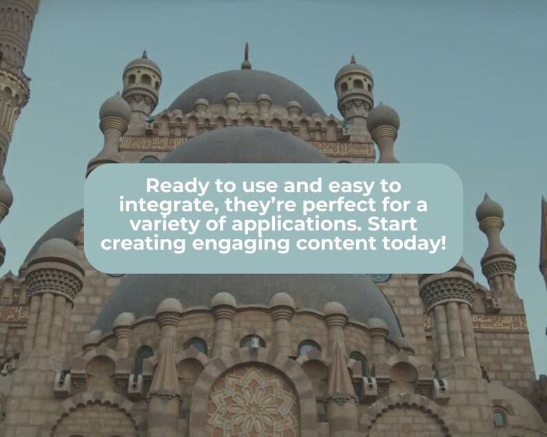 May include: A close-up view of a mosque with multiple domes and minarets. The mosque is made of stone and has a light brown color. The sky is blue and there is a text overlay that reads: "Ready to use and easy to integrate, they're perfect for a variety of applications. Start creating engaging content today!"