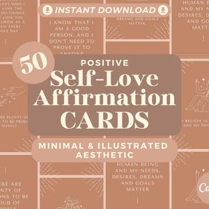 50 Affirmationskarten für Selbstliebe | Positive Affirmationen für psychische Gesundheit | Bearbeitbare Canva-Grafikkarten | Minimal & Illustrierte Ästhetik