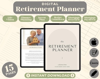 May include: A digital retirement planner with 15 pages. The cover features a couple in front of a house with the text "the RETIREMENT PLANNER" and "a planner from YOUR NAME GOES HERE".