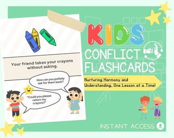 Kids Conflict Flashcards | Childrens Learning Sheet | Teach Kids & Toddlers Pages | Kids Educational Templates For Temper and Resolution