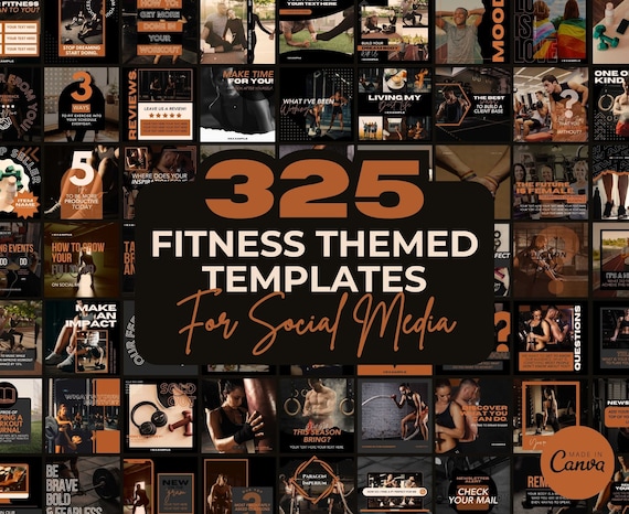 Fitness Instagram Template Posts Editable on Canva | 325 Social Media Graphics | Black Gym Templates | Instagram Story and Post Designs
