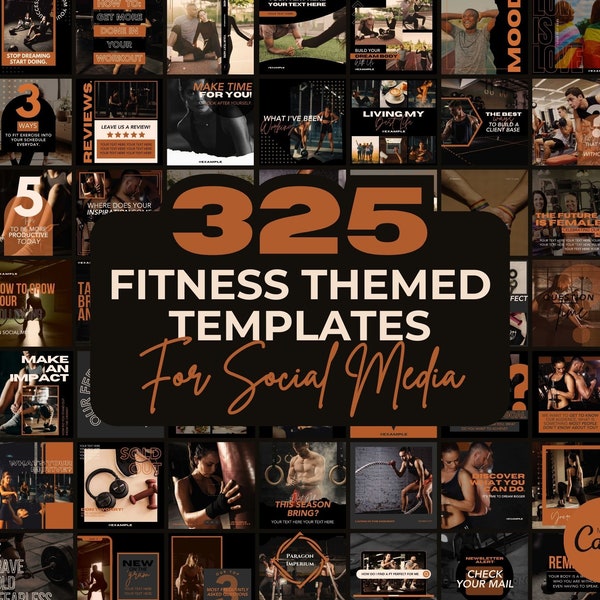 Fitness Instagram Template Posts Bearbeitbar auf Canva | 325 Social Media Grafiken | Schwarz Gym Vorlagen | Instagram Story und Post Designs