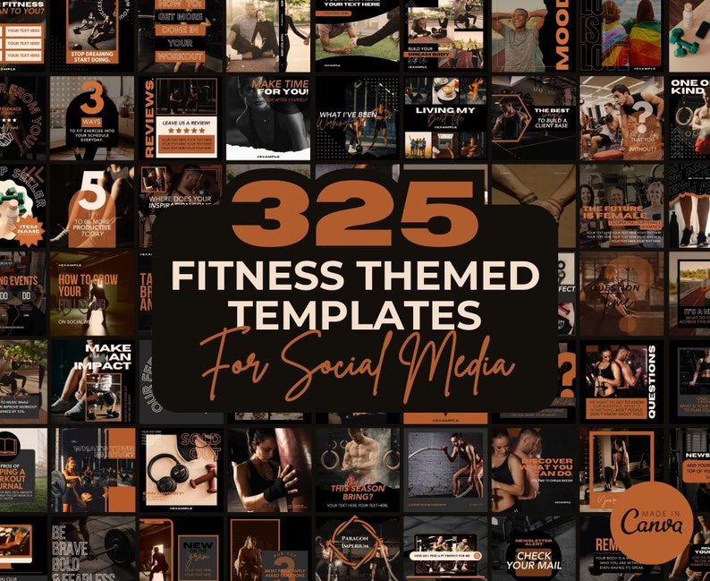 May include: A collage of 325 fitness themed social media templates. The templates are in a dark brown and black color scheme with orange accents. The text "325 Fitness Themed Templates for Social Media" is in the center of the image.