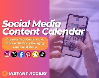 Puede incluir: Un gráfico rosa y naranja con el texto "Social Media Content Calendar" y el texto "Organise Your Content and Posts While Easily Managing Your Social Media". El gráfico también incluye iconos para Instagram, Twitter, Facebook, Pinterest, Snapchat y TikTok. El gráfico también incluye el texto "INSTANT ACCESS" con un icono de descarga.