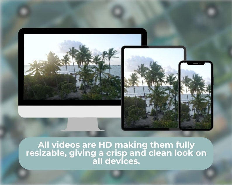 May include: A comparison of how a video looks on different devices. A desktop computer, tablet, and smartphone all display the same video of a tropical beach scene with palm trees.