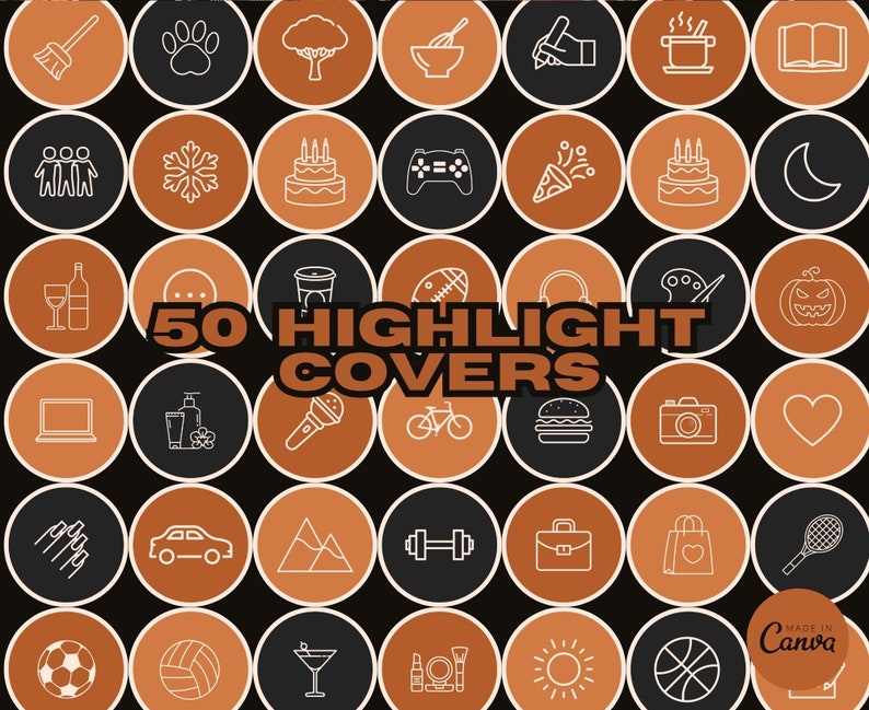 May include: A set of 50 highlight covers featuring various icons in a line art style. The icons are arranged in a grid pattern on a black background with orange and white circles. The text "50 Highlight Covers" is in the center of the image. The text "Made in Canva" is in the bottom right corner of the image.