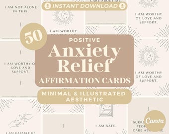 50 bevestigingskaarten voor angstverlichting | Positieve affirmaties voor zorgen | Bewerkbare canvas grafische kaarten | Minimale en geïllustreerde esthetiek
