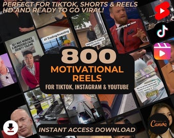 May include: A collage of images with motivational quotes and videos. The text "800 Motivational Reels" is in the center of the image. The text "For TikTok, Instagram & YouTube" is below the text "800 Motivational Reels". The text "Instant Access Download" is at the bottom of the image.