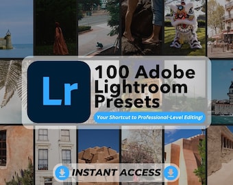 May include: A collage of images showcasing 100 Adobe Lightroom presets. The text "100 Adobe Lightroom Presets" is in large, bold, white letters against a dark blue background. The text "Your Shortcut to Professional-Level Editing!" is in smaller white letters below the main text. The text "INSTANT ACCESS" is in white letters against a dark blue background with a download arrow on either side.