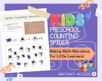Kids Preschool Counting Spider | Children's Learning Sheet | Teach Kids & Toddlers Pages | Kids Educational Templates For Learning Maths