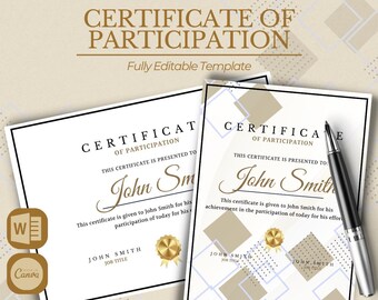 May include: Two certificates of participation with the text "Certificate of Participation" and "Fully Editable Template". The certificates have a gold seal and are designed with a white background and gold and grey geometric shapes. A black pen rests on one certificate.