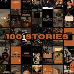 May include: A collage of 100 Instagram story templates for fitness and wellness content creators. The templates feature a variety of colors, fonts, and graphics, including motivational quotes, workout tips, and healthy lifestyle advice. The text "100 STORIES" is prominently displayed in the center of the image.