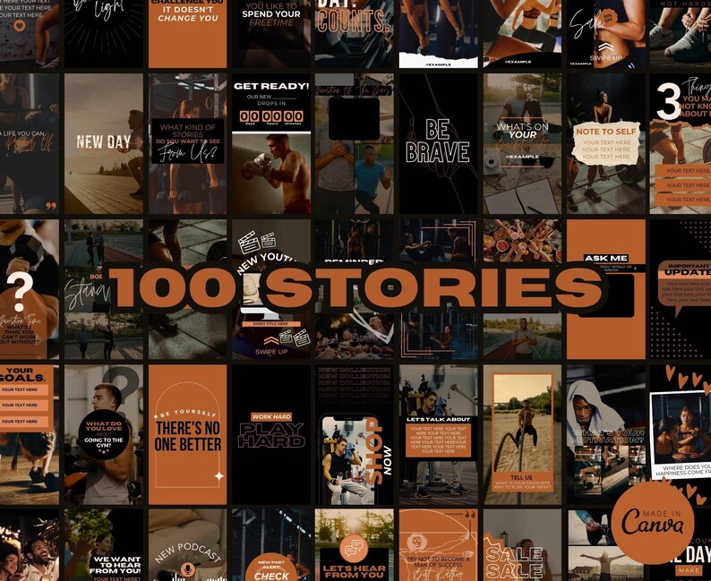 May include: A collage of 100 Instagram story templates for fitness and wellness content creators. The templates feature a variety of colors, fonts, and graphics, including motivational quotes, workout tips, and healthy lifestyle advice. The text "100 STORIES" is prominently displayed in the center of the image.