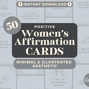 50 Affirmationskarten für Frauen | Positive Affirmationen für Weiblichkeit | Bearbeitbare Canva-Grafikkarten | Minimal & Illustrierte Ästhetik