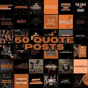 May include: A collage of 50 motivational quotes for fitness and wellness. The quotes are displayed on a black background with orange accents. The quotes are about setting goals, being brave, and learning from mistakes. The collage is titled "50 Quote Posts".