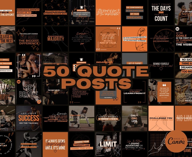May include: A collage of 50 motivational quotes for fitness and wellness. The quotes are displayed on a black background with orange accents. The quotes are about setting goals, being brave, and learning from mistakes. The collage is titled "50 Quote Posts".
