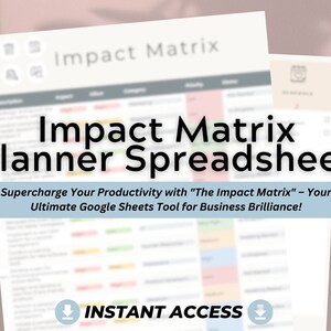 May include: A digital download for a Google Sheets spreadsheet called "Impact Matrix Planner Spreadsheet". The spreadsheet is designed to help users supercharge their productivity and achieve business brilliance. The image shows a blurred view of the spreadsheet with a blue button that says "INSTANT ACCESS".