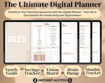 May include: A digital planner for 2025 with tabs for yearly goals, savings tracker, vision board, brain dump, and monthly tracker. The planner is designed in a minimalist style with beige and brown colors.