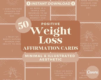 50 bevestigingskaarten voor gewichtsverlies | Positieve affirmaties voor gewichtsverlies | Bewerkbare canvas grafische kaarten | Minimale en geïllustreerde esthetiek