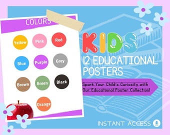 Kids 12 Educational Posters | Children's Learning Sheet | Teach Kids & Toddlers Pages | Kids Educational Template Flashcards For Learning