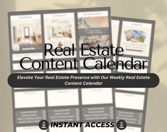 May include: A Real Estate Content Calendar with a blurred background. The calendar features weekly content ideas and the text "Elevate Your Real Estate Presence with Our Weekly Real Estate Content Calendar" and "INSTANT ACCESS".