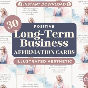 30 Cartões de Afirmação Empresarial de Longo Prazo | Afirmações Positivas para Negócios | Cartões Gráficos Canva Editáveis | Estética de Design Ilustrada