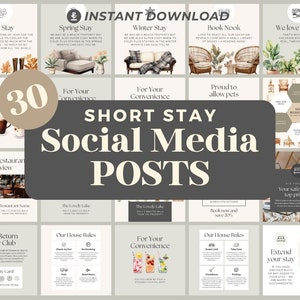 Short Stay Instagram Posts | 30 Social Media Graphics | Air BnB Hotel Insta Post Templates | Instagram Story and Post Designs For Viral IG