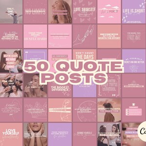 May include: A collage of 50 pink and purple Instagram post templates with motivational quotes. The quotes are in white text and are centered on each template. The templates are arranged in a grid pattern.