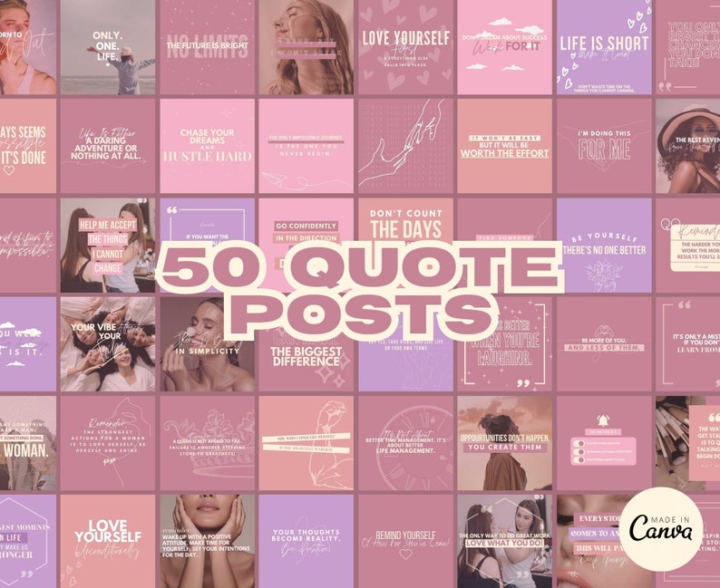 May include: A collage of 50 pink and purple Instagram post templates with motivational quotes. The quotes are in white text and are centered on each template. The templates are arranged in a grid pattern.