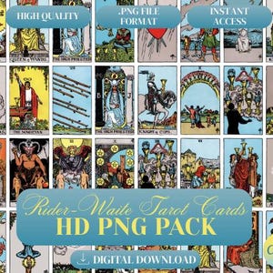 May include: A collection of Rider-Waite tarot cards in a digital PNG pack. Each card features detailed illustrations with vibrant colors, including The Fool, The Magician, and The High Priestess. The image includes text that reads "High Quality", ".PNG File Format", "Instant Access", "Rider-Waite Tarot Cards HD PNG PACK", "Digital Download", and "Canva".